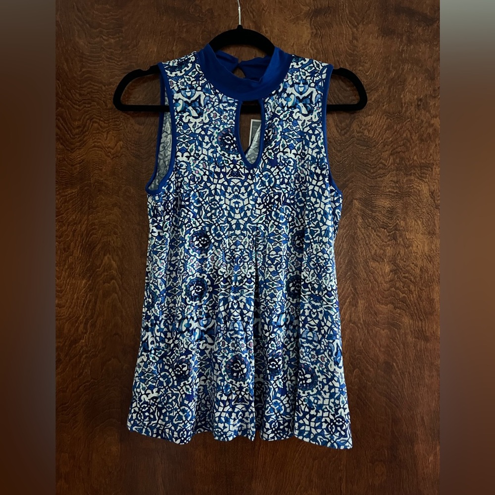 Cable & Gauge Blue Cut Out Tank Top with Mandarin Collar size S